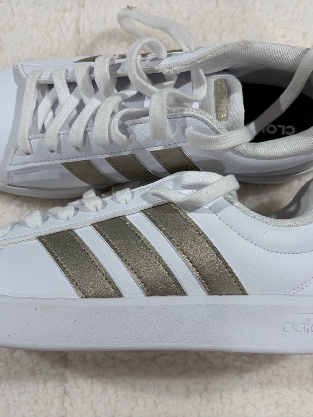 adidas White Sneakers with Metallic Olive Stripes